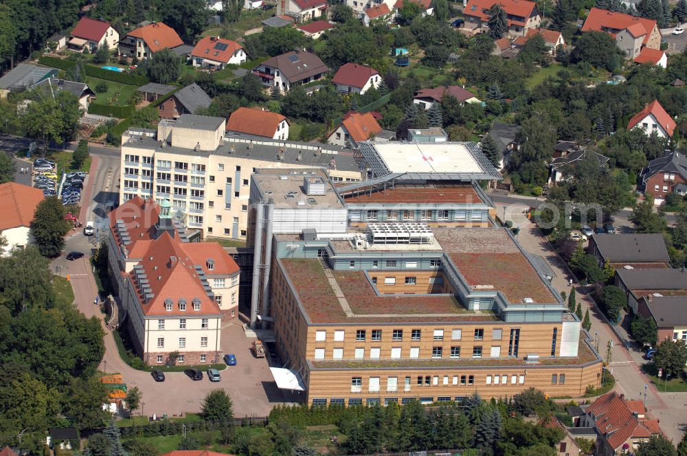 Sangerhausen from above - Das Krankenhaus am Rosarium ist eine gemeinnützige GmbH und akademisches Lehrkrankenhaus der Martin-Luther Universität Halle-Wittenberg. Kontakt: Krankenhaus am Rosarium GmbH, Am Beinschuh 2a, 06526 Sangerhausen; Telefon: 0 34 64 / 66 0; Fax: 0 34 64 / 66 10 03