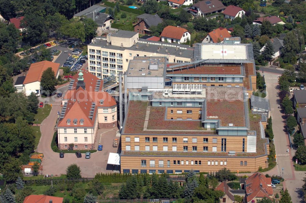 Aerial image Sangerhausen - Das Krankenhaus am Rosarium ist eine gemeinnützige GmbH und akademisches Lehrkrankenhaus der Martin-Luther Universität Halle-Wittenberg. Kontakt: Krankenhaus am Rosarium GmbH, Am Beinschuh 2a, 06526 Sangerhausen; Telefon: 0 34 64 / 66 0; Fax: 0 34 64 / 66 10 03