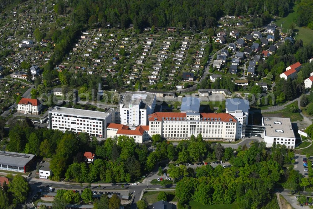 Aue from the bird's eye view: Hospital grounds of the Clinic Helios Klinikum Aue on Gartenstrasse in Aue in the state Saxony, Germany