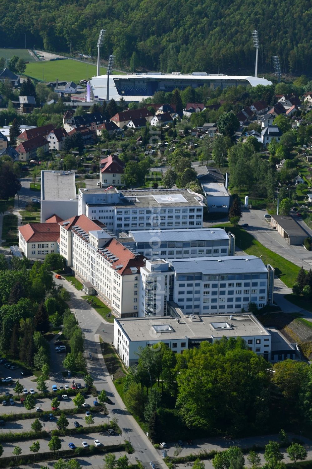 Aue from above - Hospital grounds of the Clinic Helios Klinikum Aue on Gartenstrasse in Aue in the state Saxony, Germany