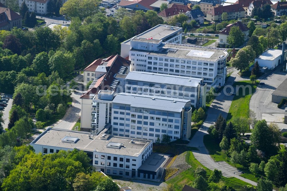 Aue from the bird's eye view: Hospital grounds of the Clinic Helios Klinikum Aue on Gartenstrasse in Aue in the state Saxony, Germany