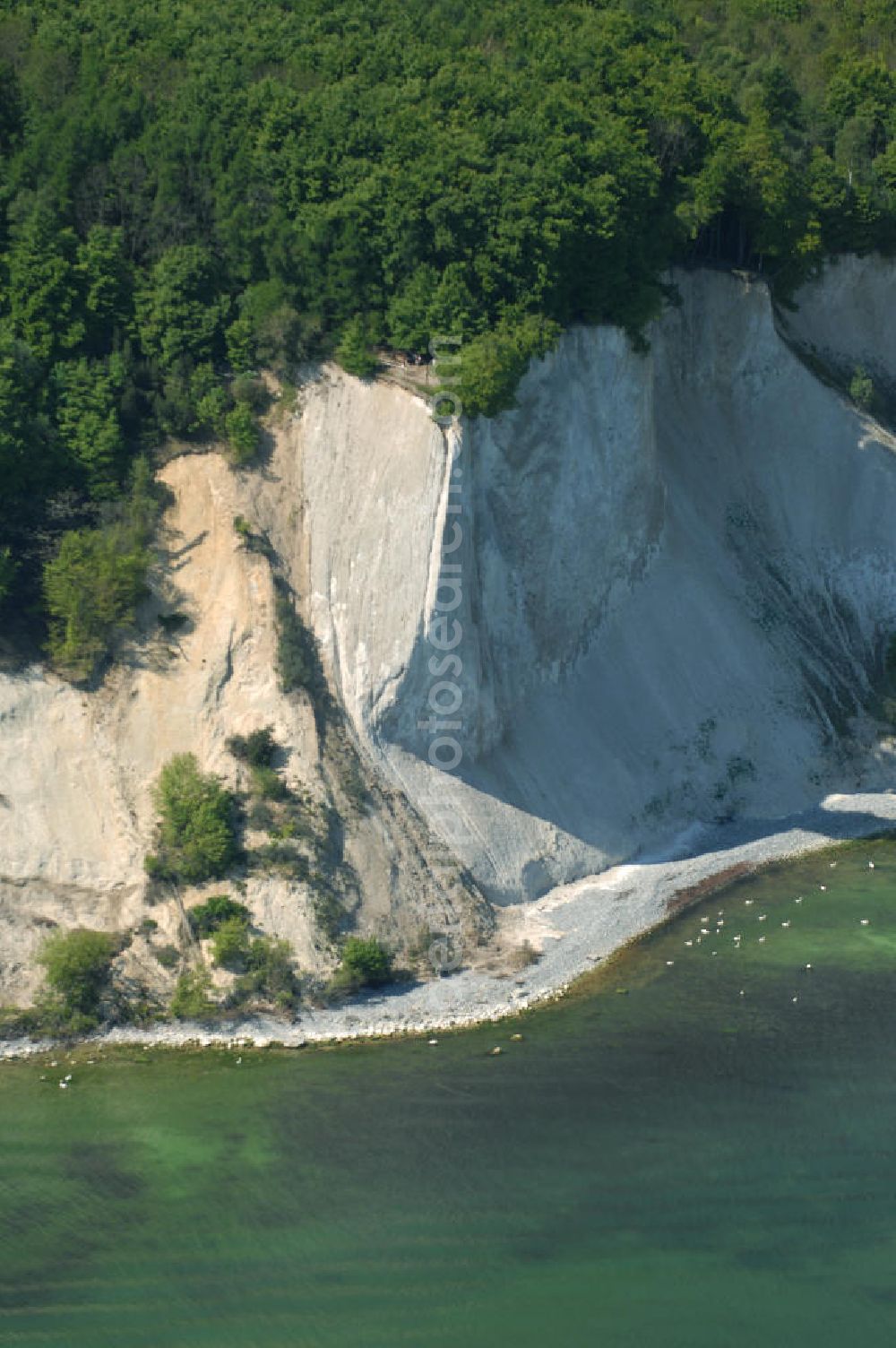 Halbinsel Jasmund from the bird's eye view: Blick auf die Kreidefelsen Steilküste. Im Nordosten der Halbinsel Jasmund auf Rügen erstreckt sich auf rund fünfzehn Kilometer Länge zwischen Sassnitz und Lohme die Kreidefelsen-Steilküste. Teilweise bis 120 Meter ragen die Kreidefelsen empor. Der bekannteste und meistbesuchteste unter ist ein Felsvorsprung mit dem Namen Königsstuhl, der sich etwa 10 km von Sassnitz entfernt befindet.