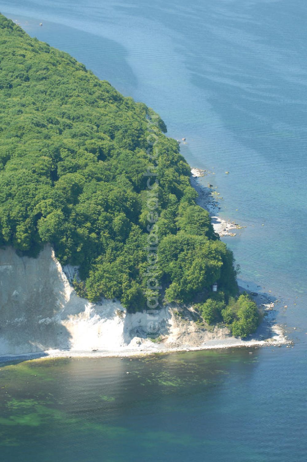 Halbinsel Jasmund from the bird's eye view: Blick auf die Kreidefelsen Steilküste. Im Nordosten der Halbinsel Jasmund auf Rügen erstreckt sich auf rund fünfzehn Kilometer Länge zwischen Sassnitz und Lohme die Kreidefelsen-Steilküste. Teilweise bis 120 Meter ragen die Kreidefelsen empor. Der bekannteste und meistbesuchteste unter ist ein Felsvorsprung mit dem Namen Königsstuhl, der sich etwa 10 km von Sassnitz entfernt befindet.