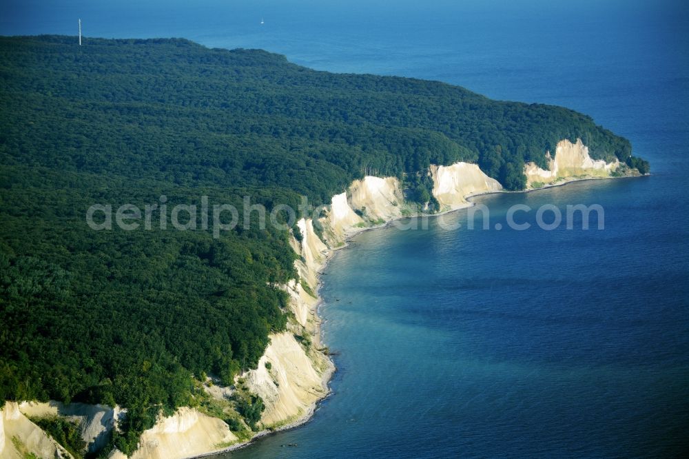 Aerial image Sassnitz - The chalk cliff in the national park Jasmund on the Baltic sea coast in Sassnitz in the state Mecklenburg - Western Pomerania. The Koenigsstuhl belongs to the UNESCO World Heritage