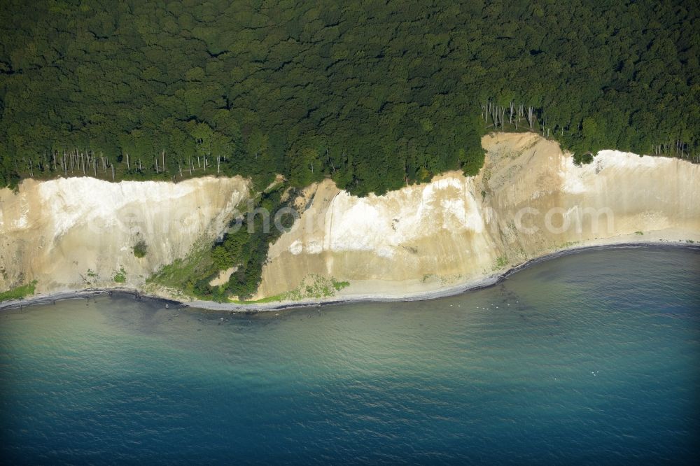 Aerial photograph Sassnitz - The chalk cliff in the national park Jasmund on the Baltic sea coast in Sassnitz in the state Mecklenburg - Western Pomerania. The Koenigsstuhl belongs to the UNESCO World Heritage