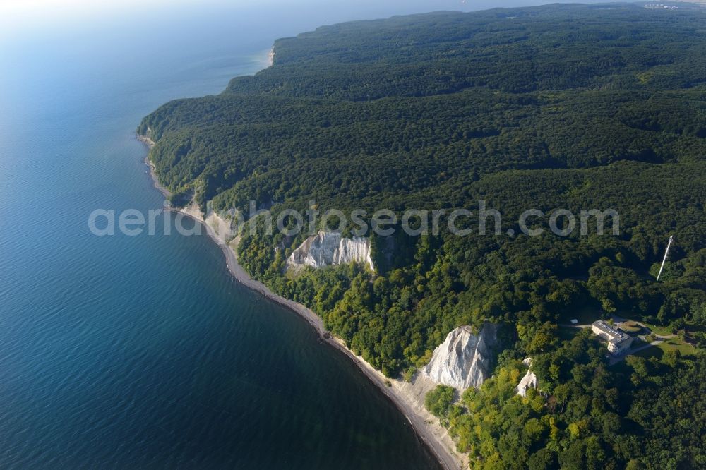 Aerial photograph Sassnitz - The chalk cliff in the national park Jasmund on the Baltic sea coast in Sassnitz in the state Mecklenburg - Western Pomerania. The Koenigsstuhl belongs to the UNESCO World Heritage