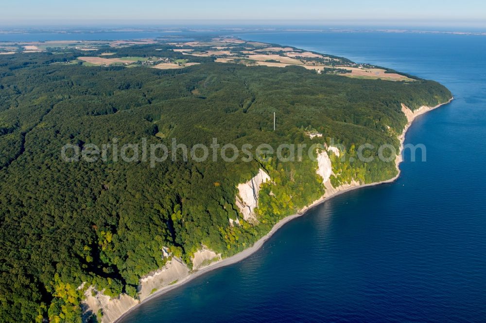 Sassnitz from the bird's eye view: The chalk cliff in the national park Jasmund on the Baltic sea coast in Sassnitz in the state Mecklenburg - Western Pomerania. The Koenigsstuhl belongs to the UNESCO World Heritage