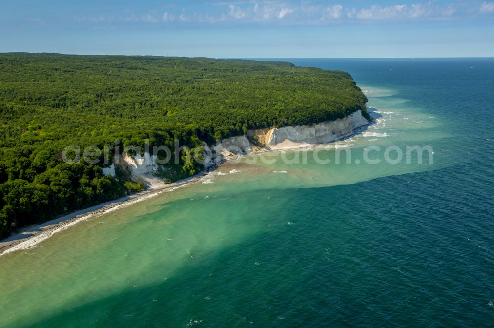 Aerial photograph Stubbenkammer - Wooded chalk cliffs and cliff landscape in the Jasmund National Park on the cliffs on the Baltic Sea in Stubbenkammer on the island of Ruegen in the state Mecklenburg-West Pomerania, Germany