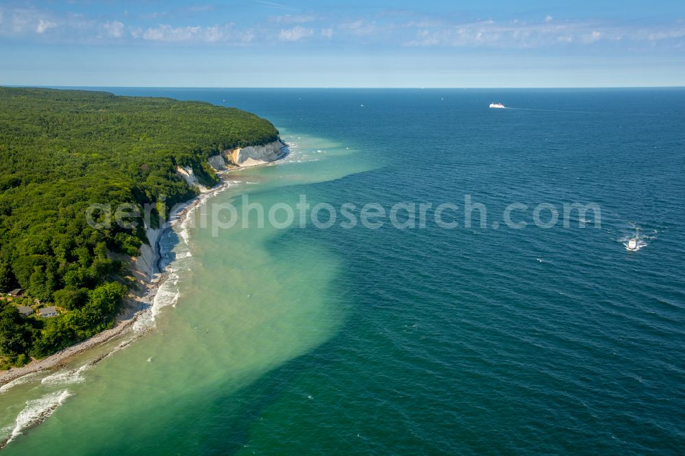 Stubbenkammer from the bird's eye view: Wooded chalk cliffs and cliff landscape in the Jasmund National Park on the cliffs on the Baltic Sea in Stubbenkammer on the island of Ruegen in the state Mecklenburg-West Pomerania, Germany