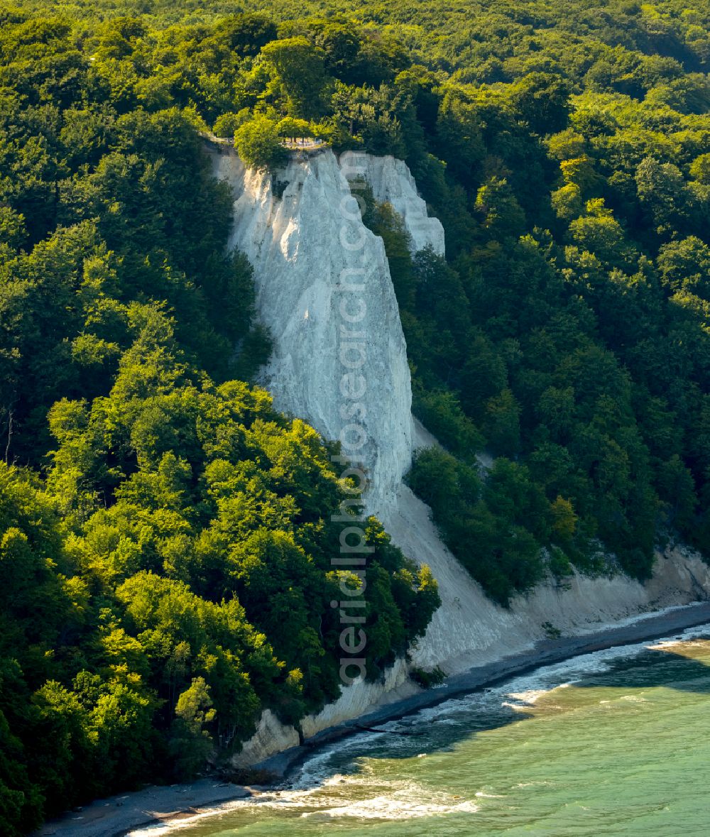 Aerial photograph Stubbenkammer - Wooded chalk cliffs and cliff landscape in the Jasmund National Park on the cliffs on the Baltic Sea in Stubbenkammer on the island of Ruegen in the state Mecklenburg-West Pomerania, Germany