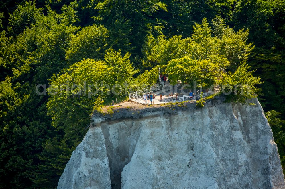 Aerial photograph Stubbenkammer - Wooded chalk cliffs and cliff landscape in the Jasmund National Park on the cliffs on the Baltic Sea in Stubbenkammer on the island of Ruegen in the state Mecklenburg-West Pomerania, Germany