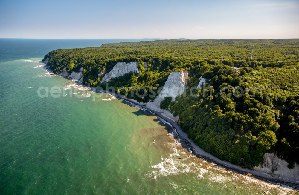 Aerial image Stubbenkammer - Wooded chalk cliffs and cliff landscape in the Jasmund National Park on the cliffs on the Baltic Sea in Stubbenkammer on the island of Ruegen in the state Mecklenburg-West Pomerania, Germany