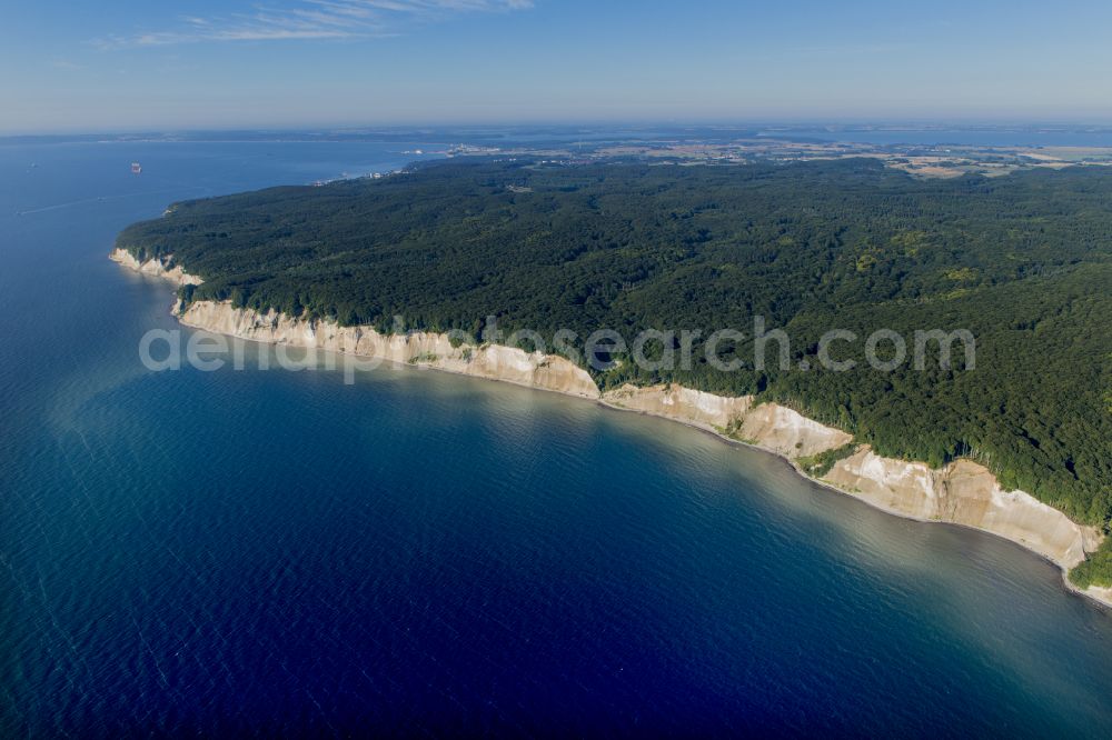 Aerial image Stubbenkammer - Wooded chalk cliffs and cliff landscape in the Jasmund National Park on the cliffs on the Baltic Sea in Stubbenkammer on the island of Ruegen in the state Mecklenburg-West Pomerania, Germany