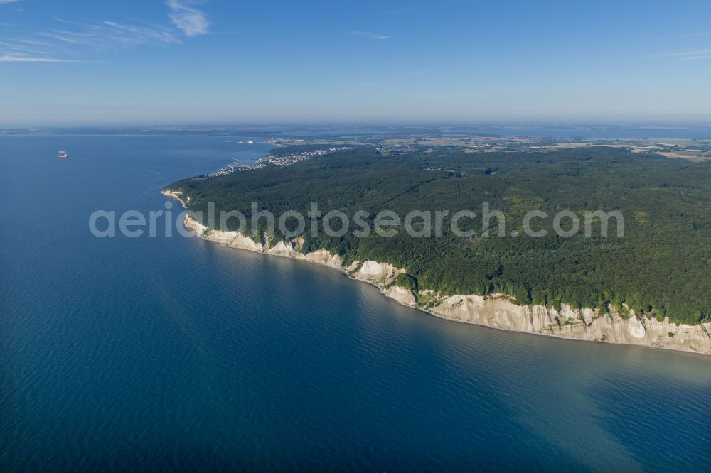 Aerial image Stubbenkammer - Wooded chalk cliffs and cliff landscape in the Jasmund National Park on the cliffs on the Baltic Sea in Stubbenkammer on the island of Ruegen in the state Mecklenburg-West Pomerania, Germany