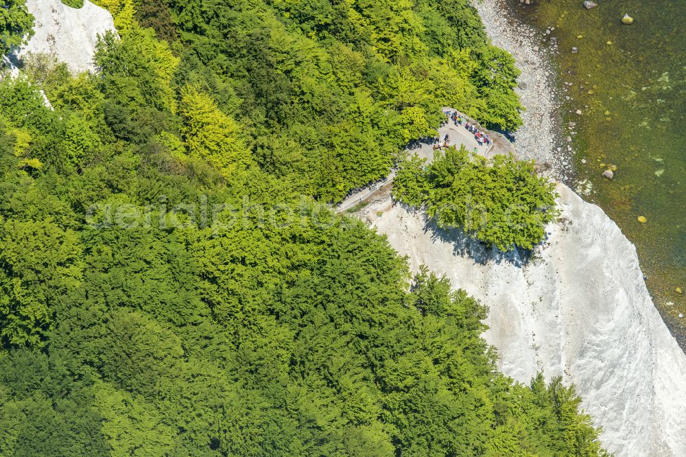 Aerial photograph Stubbenkammer - Wooded chalk cliffs and cliff landscape in the Jasmund National Park on the cliffs on the Baltic Sea in Stubbenkammer on the island of Ruegen in the state Mecklenburg-West Pomerania, Germany