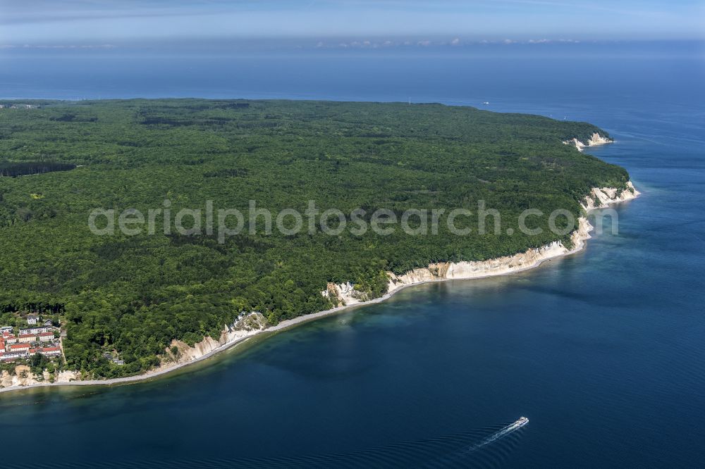 Aerial photograph Stubbenkammer - Wooded chalk cliffs and cliff landscape in the Jasmund National Park on the cliffs on the Baltic Sea in Stubbenkammer on the island of Ruegen in the state Mecklenburg-West Pomerania, Germany