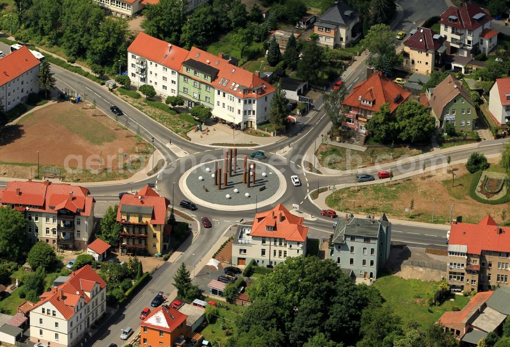 Sondershausen from the bird's eye view: The roundabout is located at the intersection of Erfurt street, Bahnhofstrasse, and August-Bebel-Strasse in Sondershausen in Thuringia