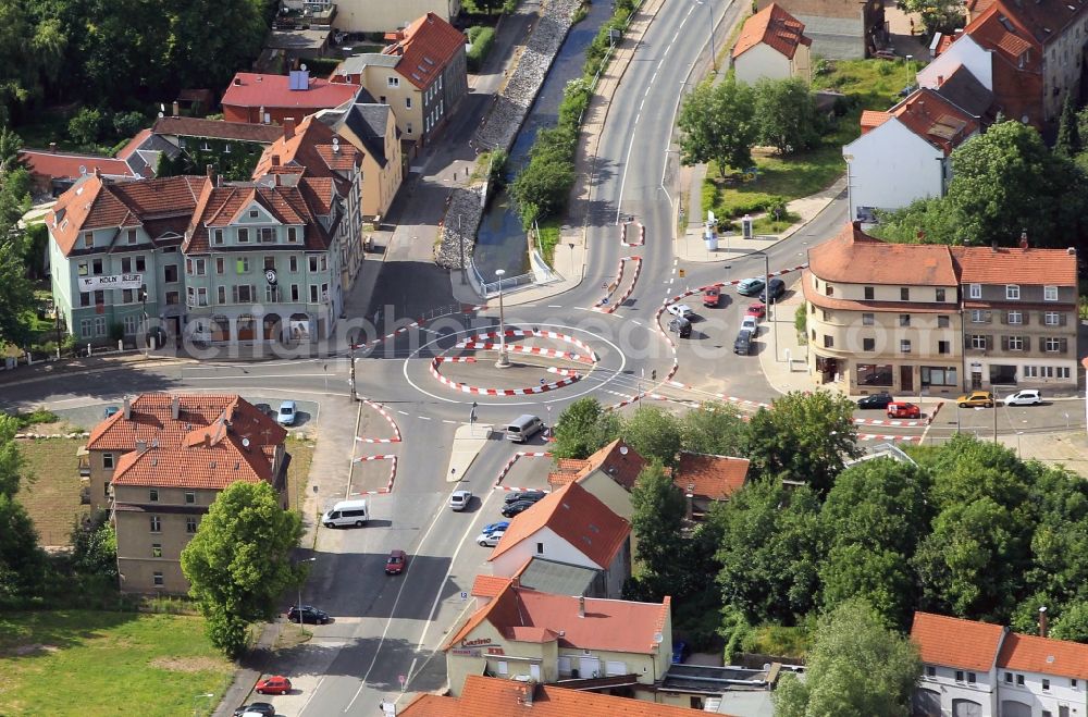 Gotha from above - The intersection of Mauer Street, Hersdorfstrasse, Mohrenstrasse and Langensalzaer street in Gotha in Thuringia regions there is a roundabout. Anti-fascist housing project occupied a house and set up a Infoshop