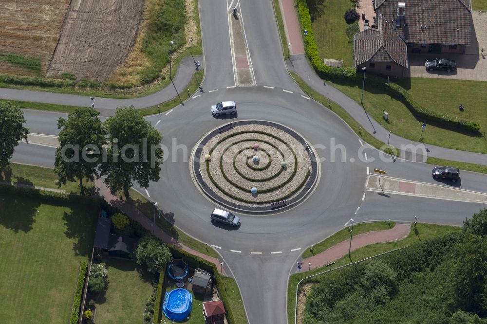 Kranenburg from the bird's eye view: View of the roundabout Nütterden in Kranenburg in the state North Rhine-Westphalia