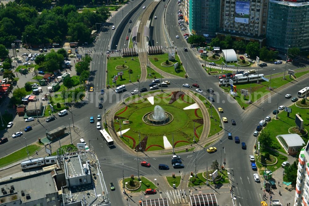 Bukarest from above - Roundabout fountains in the square Piata Obor in Bucharest, Romania