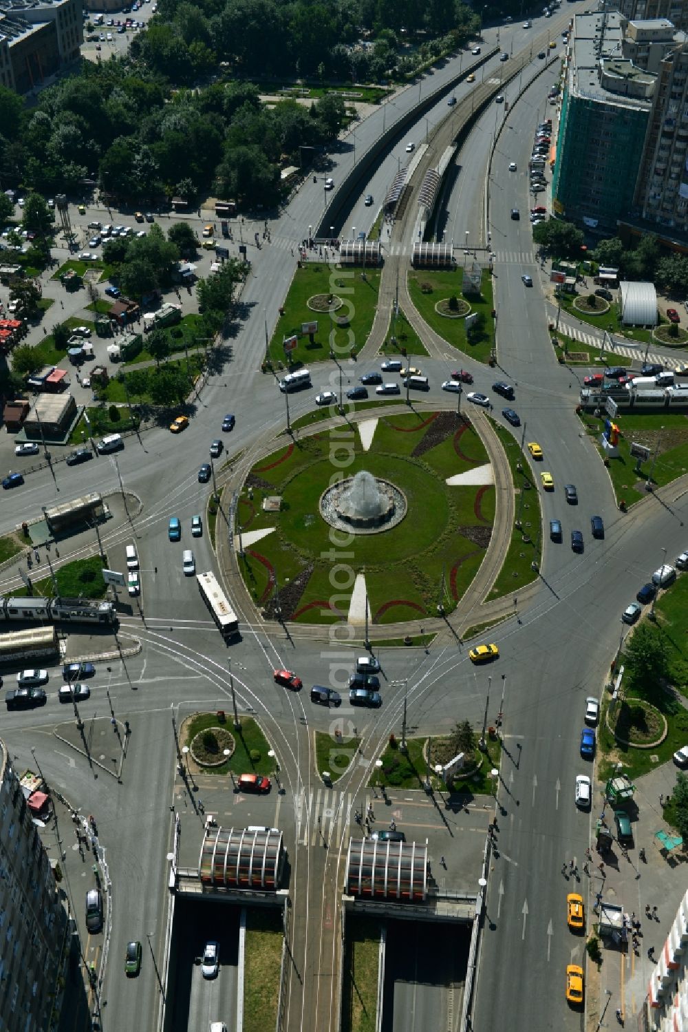 Aerial image Bukarest - Roundabout fountains in the square Piata Obor in Bucharest, Romania