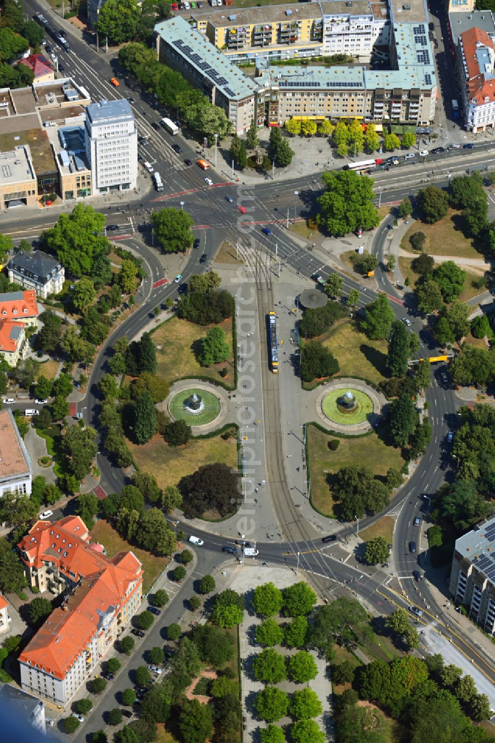 Dresden from above - Traffic management of the roundabout road on Albertplatz in the district Neustadt in Dresden in the state Saxony, Germany