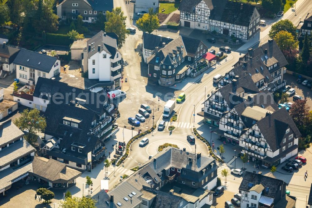 Aerial photograph Olsberg - Traffic management of the roundabout road on Bahnhofstrasse - Markt in Olsberg in the state North Rhine-Westphalia, Germany