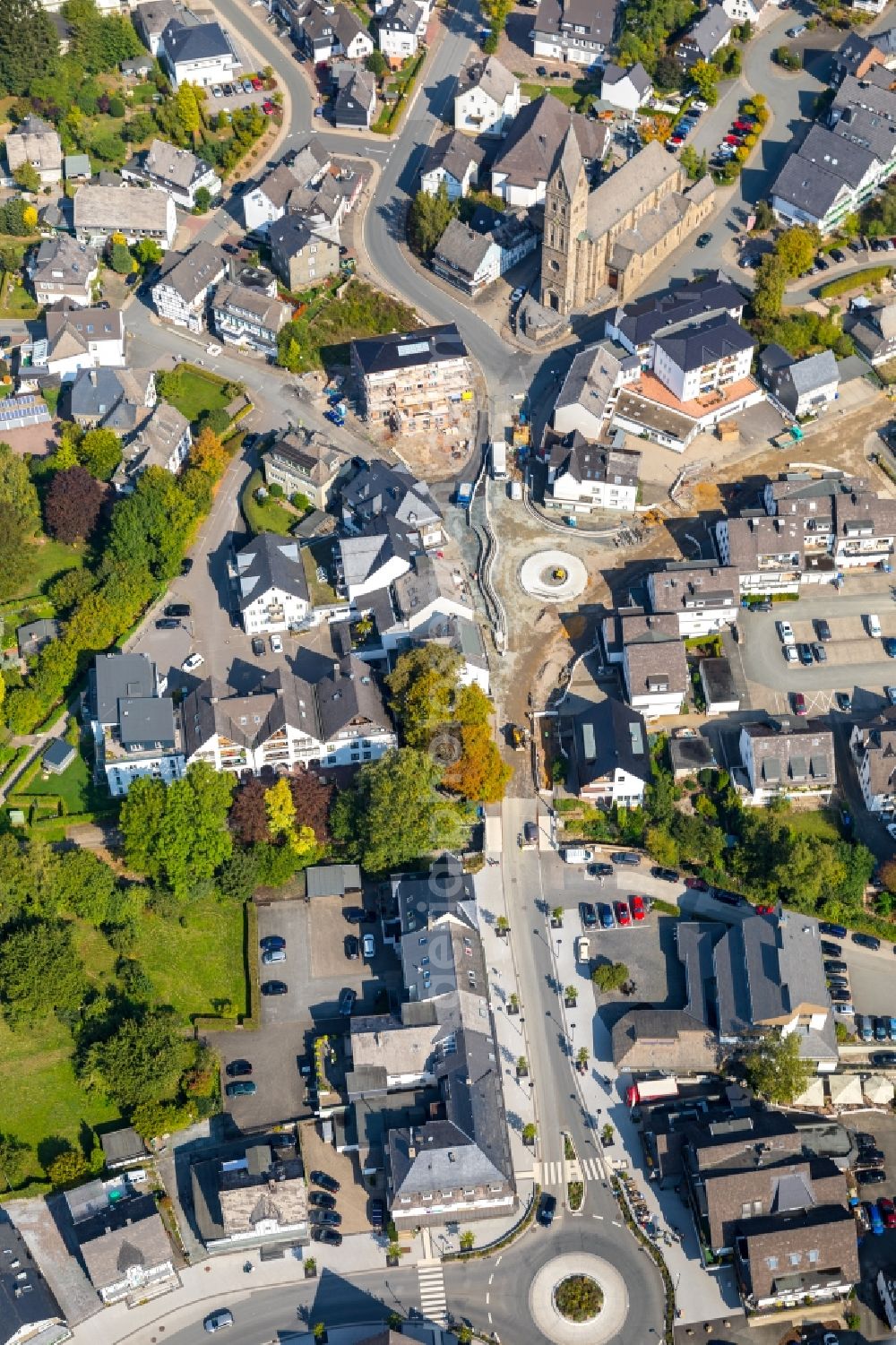 Olsberg from above - Traffic management of the roundabout road on Bahnhofstrasse - Ruhrstrasse - Huettenstrasse in Olsberg in the state North Rhine-Westphalia, Germany