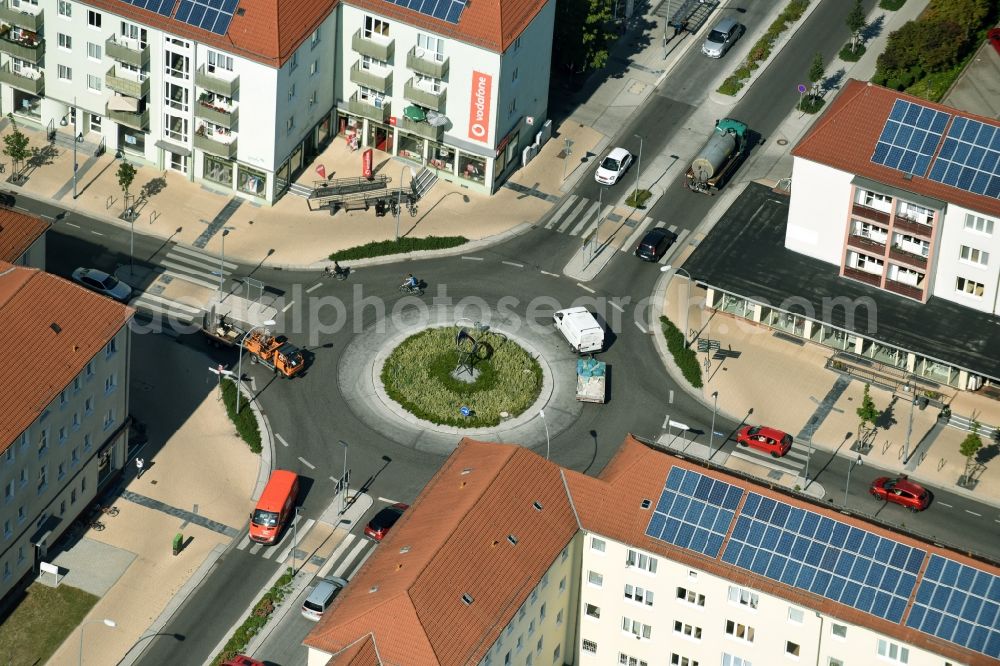 Aerial image Rathenow - Traffic management of the roundabout of the roads Berliner Strasse, Fehrbelliner Strasse and Brandenburger Strasse in Rathenow in the state Brandenburg