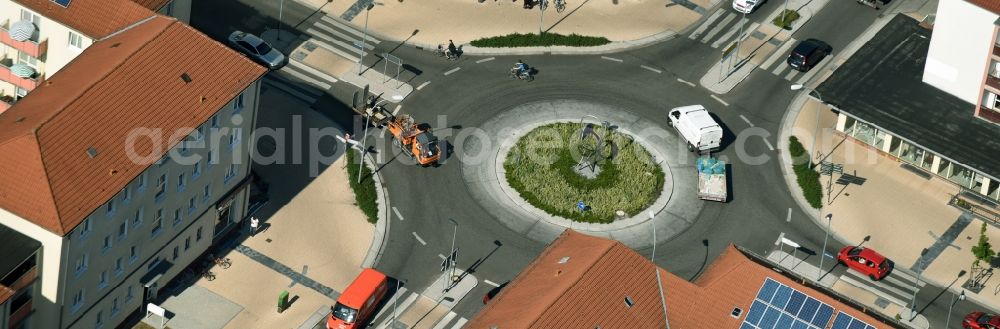 Aerial photograph Rathenow - Traffic management of the roundabout of the roads Berliner Strasse, Fehrbelliner Strasse and Brandenburger Strasse in Rathenow in the state Brandenburg