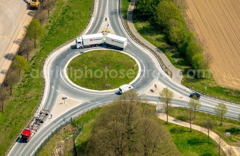 Brilon from above - Traffic management of the roundabout road B7 - B251 in Brilon in the state North Rhine-Westphalia