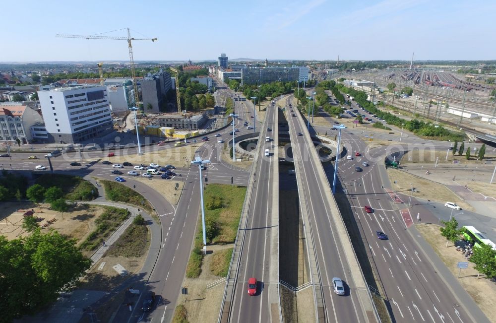 Halle (Saale) from above - Traffic management of the roundabout road federal street B6 und B80 on Riebeckplatz in Halle (Saale) in the state Saxony-Anhalt