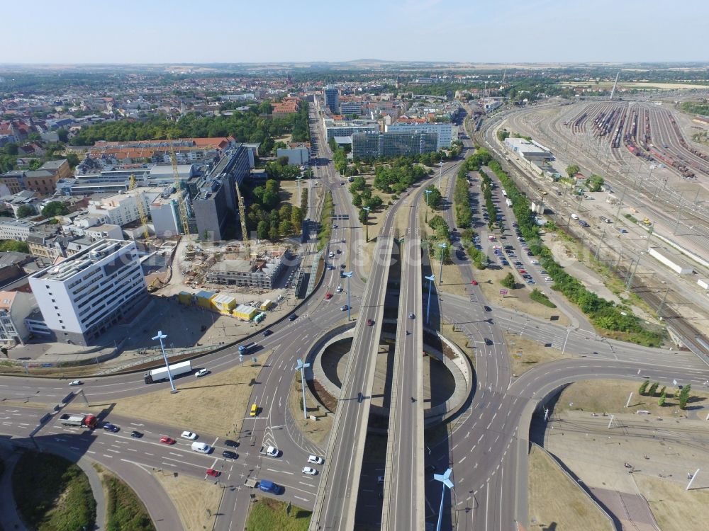 Halle (Saale) from above - Traffic management of the roundabout road federal street B6 und B80 on Riebeckplatz in Halle (Saale) in the state Saxony-Anhalt