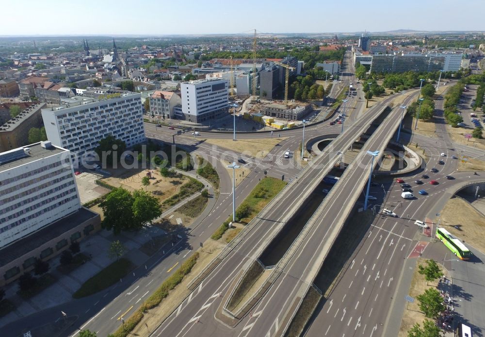 Halle (Saale) from above - Traffic management of the roundabout road federal street B6 und B80 on Riebeckplatz in Halle (Saale) in the state Saxony-Anhalt