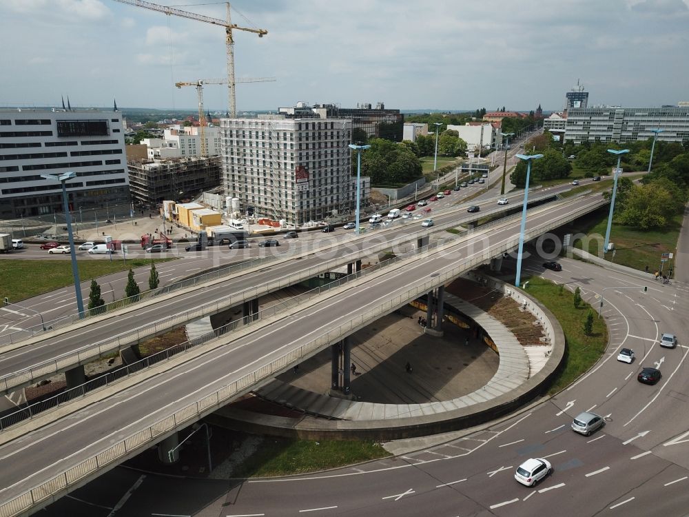 Halle (Saale) from above - Traffic management of the roundabout road federal street B6 und B80 on Riebeckplatz in Halle (Saale) in the state Saxony-Anhalt