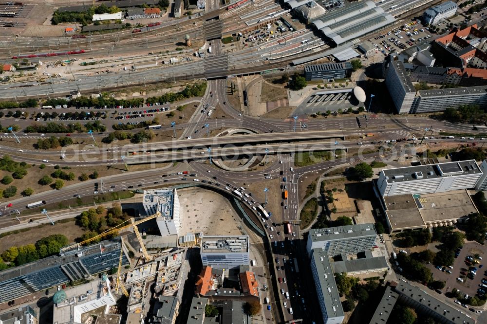 Halle (Saale) from above - Traffic management of the roundabout road federal street B6 und B80 on Riebeckplatz in Halle (Saale) in the state Saxony-Anhalt