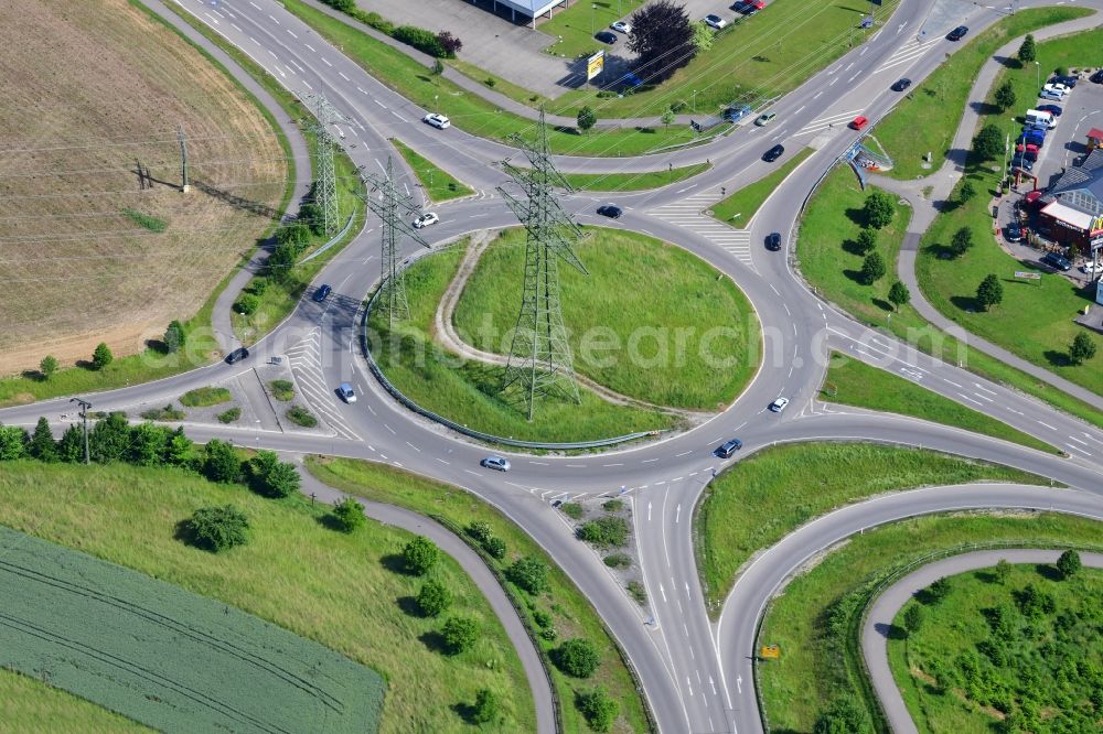 Rheinfelden (Baden) from above - Traffic management of the roundabout and star shaped roads at the industrial area Schildgasse in Rheinfelden (Baden) in the state Baden-Wurttemberg, Germany