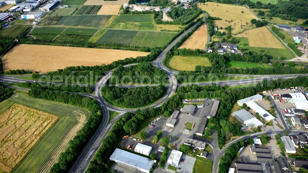 Sinzig from the bird's eye view: Traffic management of the roundabout road of federal street B266 to the B9 in Sinzig in the state Rhineland-Palatinate, Germany