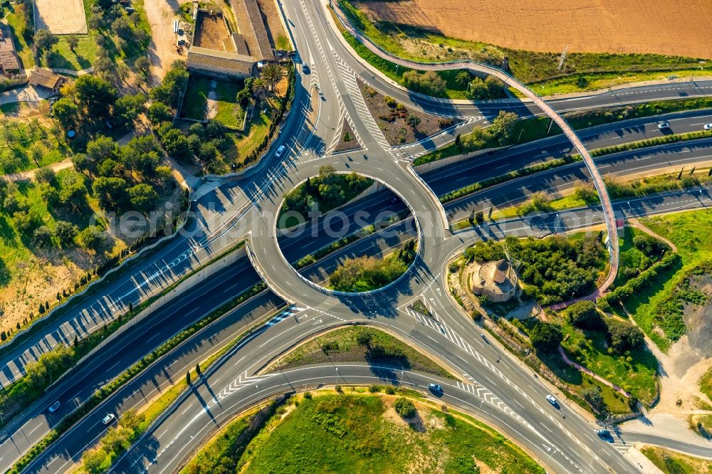 Aerial photograph Calvia - Traffic management of the roundabout road of Ma-1014 and of Ma-1 in Calvia in Balearic island of Mallorca, Spain