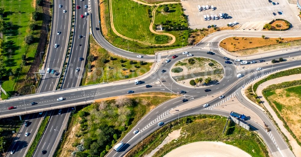 Palma from above - Traffic routing of the roundabout and the course of the C. d'Alfons el Magnanim on the Autopista Via de Cintura in Palma Nord in Palma in Balearic Island Mallorca, Spain