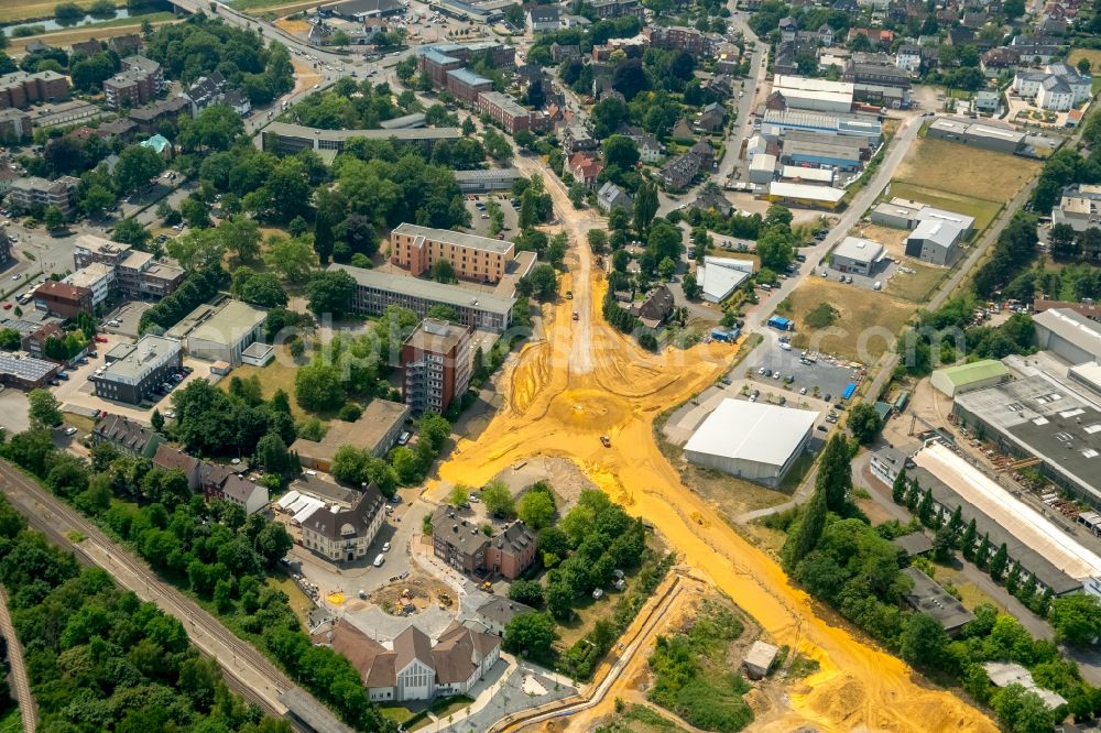 Aerial photograph Dorsten - Traffic management of the roundabout road on street Bismarckstrasse - Am Gueterbahnhof - Am Holzplatz in the district Hervest in Dorsten at Ruhrgebiet in the state North Rhine-Westphalia, Germany