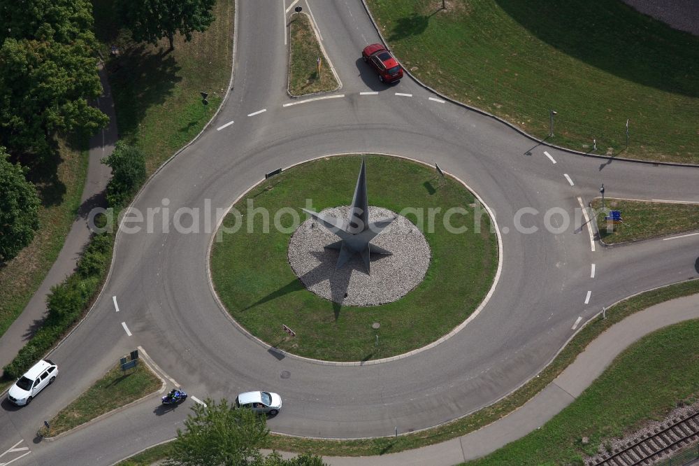 Binzen from the bird's eye view: Traffic management of the roundabout road on Dreispitz in Binzen in the state Baden-Wuerttemberg, Germany