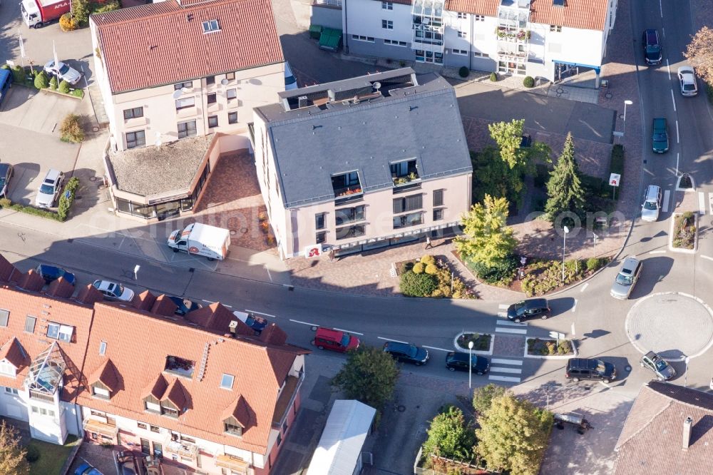 Karlsbad from above - Traffic management of the roundabout road Ettlinger, POforheimer and Hauptstrasse in the district Langensteinbach in Karlsbad in the state Baden-Wuerttemberg, Germany