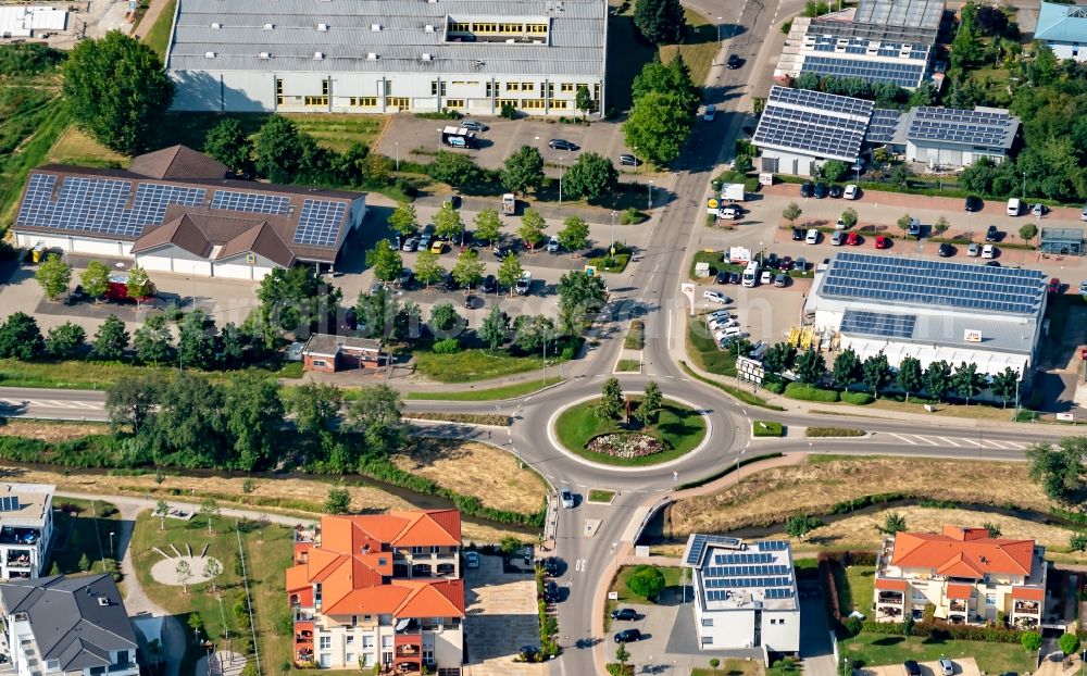 Aerial image Ettenheim - Traffic management of the roundabout road in Fuerstenfeld in Ettenheim in the state Baden-Wuerttemberg, Germany