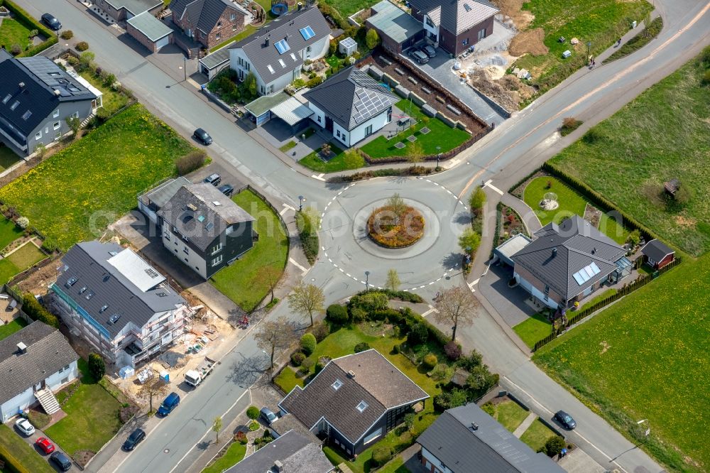 Aerial photograph Brilon - Traffic management of the roundabout road Gebrueder-Ruether-Strasse - Burhagener Weg in Brilon in the state North Rhine-Westphalia, Germany