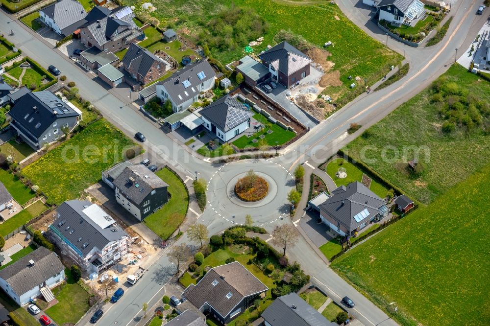 Brilon from above - Traffic management of the roundabout road Gebrueder-Ruether-Strasse - Burhagener Weg in Brilon in the state North Rhine-Westphalia, Germany