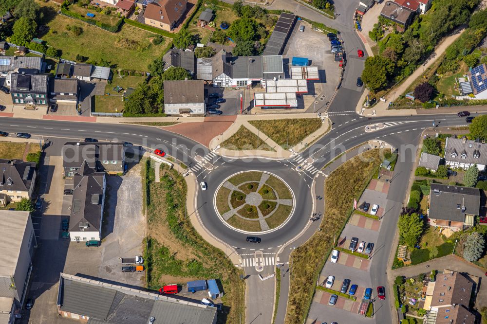 Sprockhövel from above - Traffic management of the roundabout road Hauptstrasse - Wuppertaler Strasse - Beisenbruchstrasse in Sprockhoevel in the state North Rhine-Westphalia, Germany