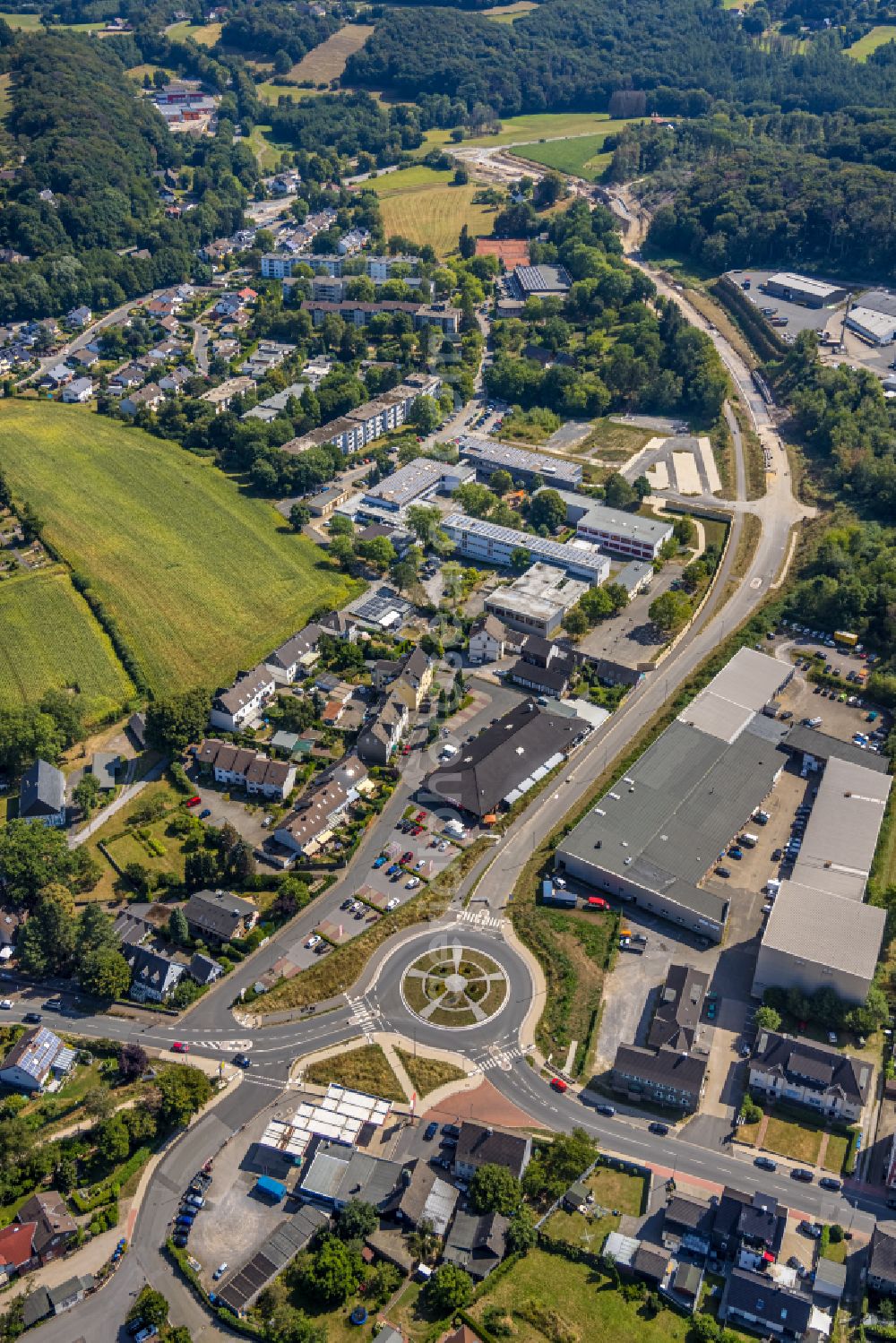 Sprockhövel from above - Traffic management of the roundabout road Hauptstrasse - Wuppertaler Strasse - Beisenbruchstrasse in Sprockhoevel in the state North Rhine-Westphalia, Germany