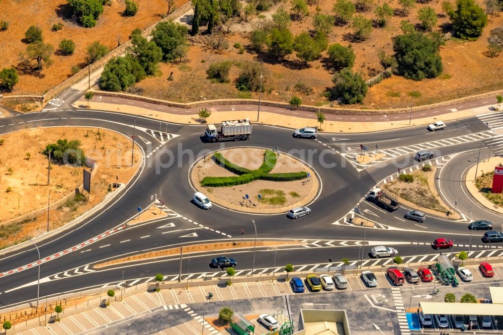 Campos from above - Traffic management of the roundabout road of the Ma-19 with a hedge sculpture in Campos in Balearic island of Mallorca, Spain