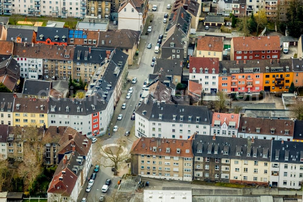 Aerial photograph Gelsenkirchen - Traffic management of the roundabout road of Kirchstrasse - Auf dem Graskamp in Gelsenkirchen in the state North Rhine-Westphalia, Germany